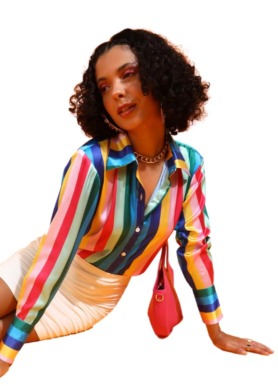POPWINGS Printed Full-Sleeves Regular-Fit Satin Printed Shirt for Women Stylish Western Casual Wear