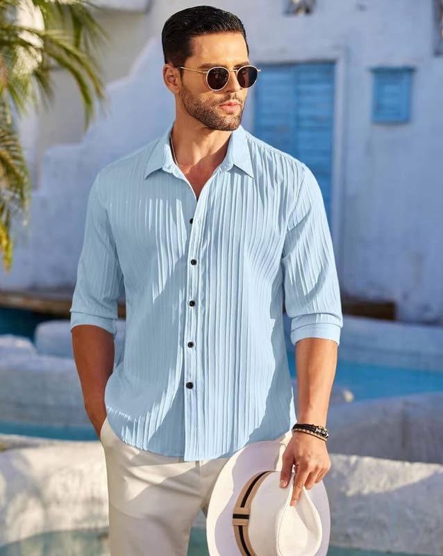 Deelmo Combo Of MenS Casual Button Down Shirts Long Sleeve Linen Shirt Fashion Textured Summer Shirts Pack Of 2