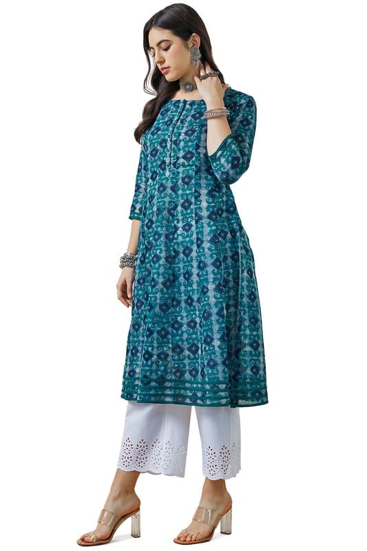 Soch Womens Teal Ajrak Print Cotton Slub Panelled Kurta