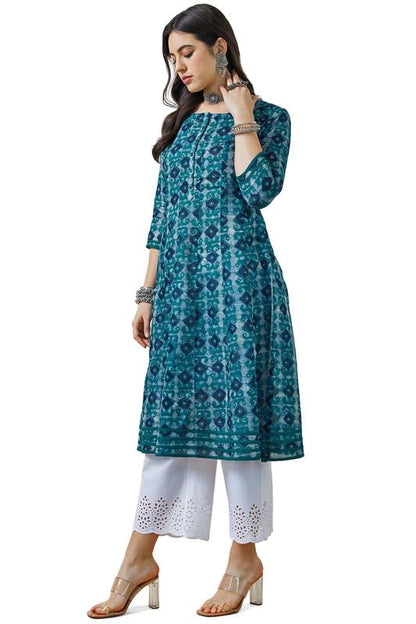 Soch Womens Teal Ajrak Print Cotton Slub Panelled Kurta