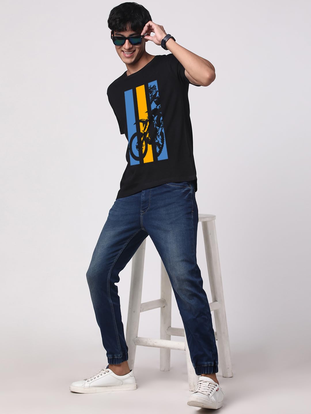 ADRO Men's Bike Rider Printed Cotton T-Shirt (RN23-M-BIK-BL_Black)