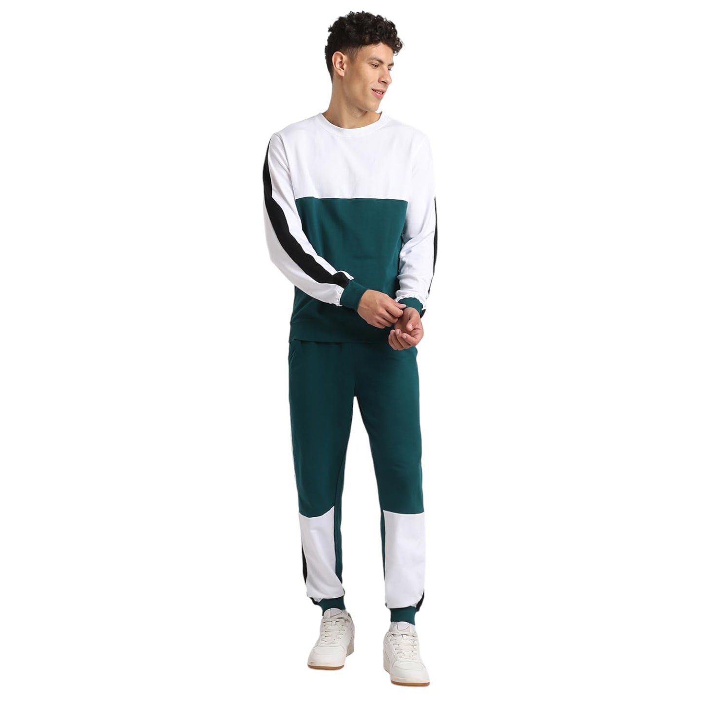 Nobero MenS Green Colorblock Cotton Coord-Set With Joggers
