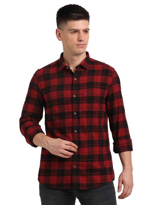 Turtle Men Cotton Lyocell Slim Fit Red & Black Check Full Sleeve Casual Shirt