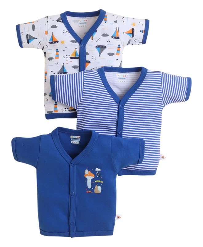 BUMZEE Baby Boys Cotton Regular Fit Half Sleeves Round Neck Jabla Pack of 3 Royal Blue & White - 0-3 Months (Peb11627B-rbl)