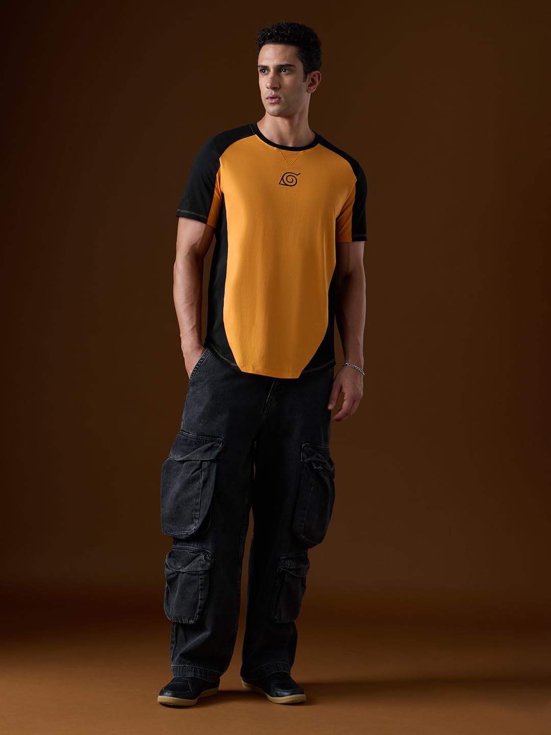 The Souled Store Naruto Shippuden: Kuramas Curse Men and Boys Short Sleeves Round Neck Orange Regular Fit Drop Cut T-Shirt