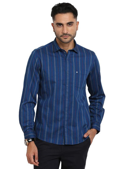 Turtle Men 100% Cotton Blue Striped Slim Fit Casual Shirt