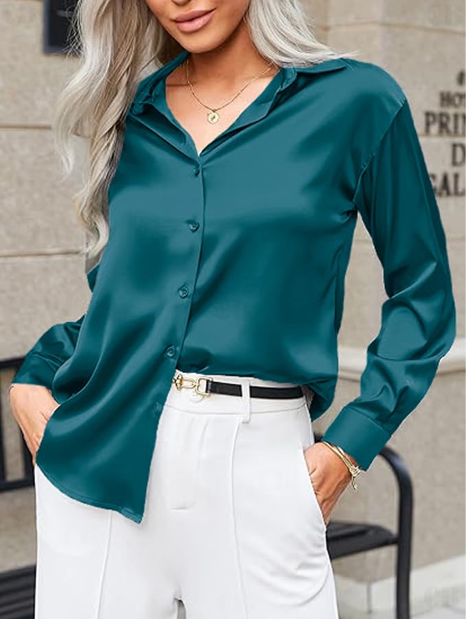 CB-COLEBROOK Womens Soft Satin Silk Button Down Shirts for Women Silky Long Sleeve Work Shirt Dress Blouses Tops (in, Alpha, S,
