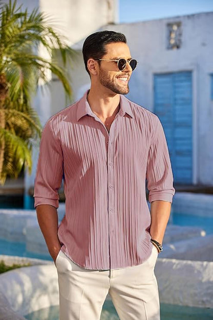 CB-COLEBROOK Mens Casual Button Down Shirts Long Sleeve Linen Shirt Fashion Textured Beach Summer Shirt (in, Alpha, XL, Regular