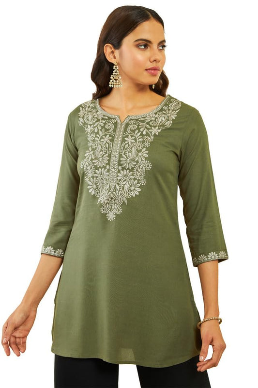 Soch Womens Olive Rayon Paisley Embroidered A-Line Tunic with Vented Hemline