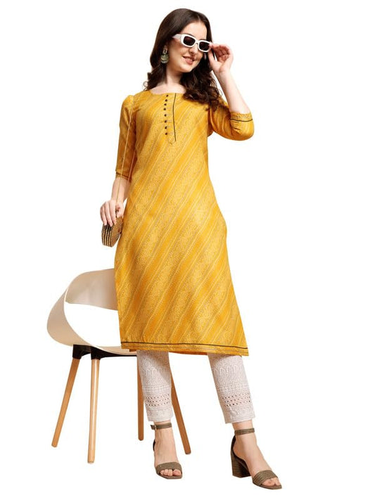 Nainvish Women'S Cotton Blend Straight Round Neck Printed Kurta (Sd414_K-Xxl._Yellow)
