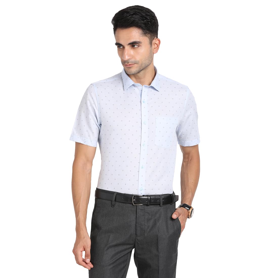Turtle Men Cotton Linen Slim Fit Light Blue Printed Formal Shirt