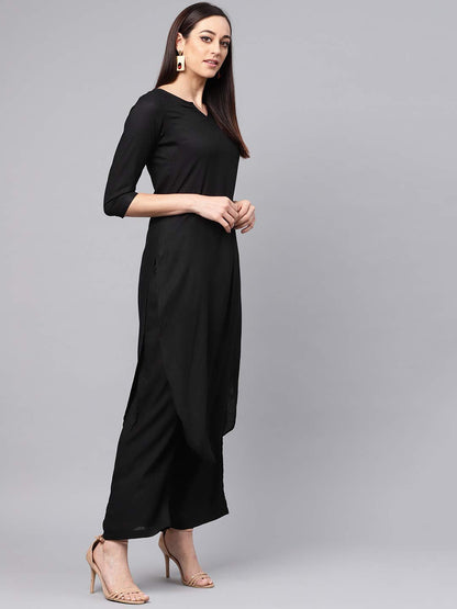 idaLia Rayon Solid Straight Black Kurta Set for Women 3/4 Sleeve, Round V Neck Designer Kurta with Palazzo Pant Set