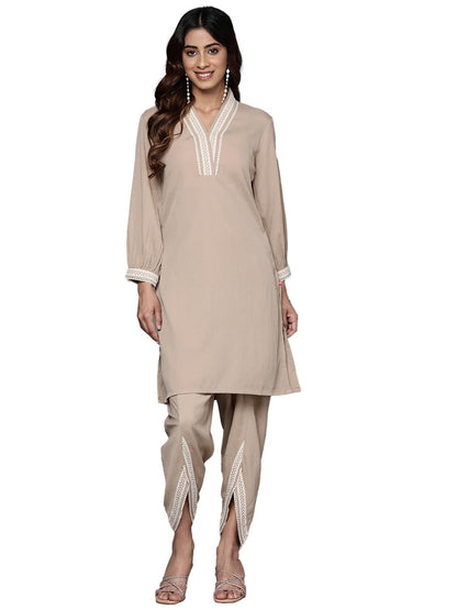 Varanga Women Beige Cotton Lace Detailed Co-Ord Sets