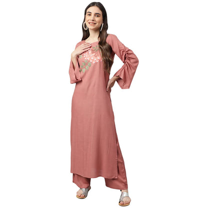 idaLia Rose Gold Embroidered Straight Rayon Kurta with Palazzo Pants