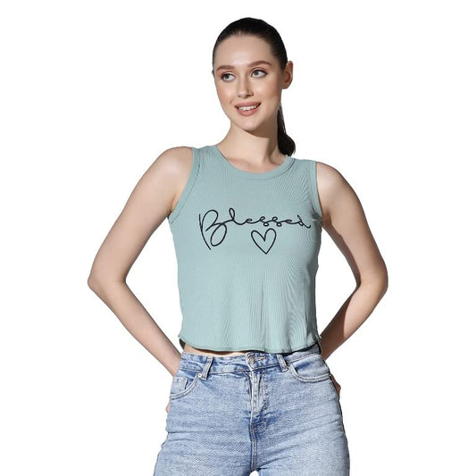 Leriya Fashion Tops For Women | Ribbed Blessed Printed Western Sleeveless Regular Fit Tank Crop Tops For Girls | Casual | Colleg