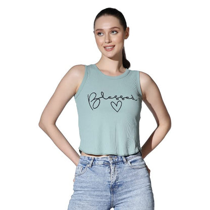 OM SAI LATEST CREATION Crop Tops for Women || Ribbed Solid Chest Printed Crop Top for Girls || Text & Hart Print with Round Neck