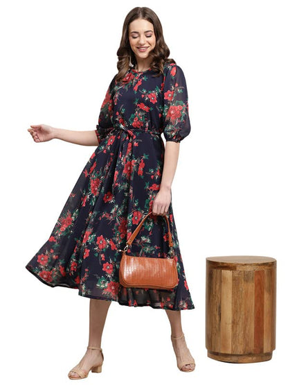 Preneum WomenS Maxi Fit & Flare Latest Style Print Georgette Regular Sleeves Casual Dress |Summer Dress Festival & Occasion Max