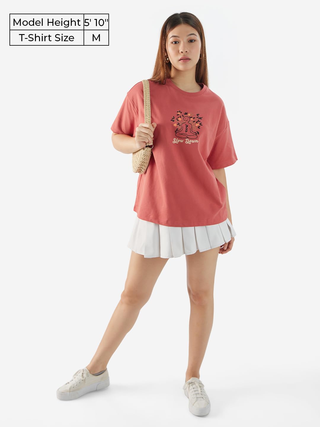 The Souled Store Slow Women and Girls Short Sleeves Round Neck Pink Embroidered Cotton Oversized T-Shirts