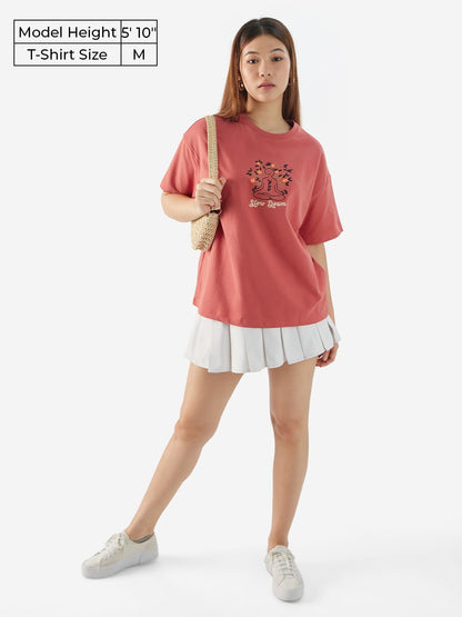 The Souled Store Slow Women and Girls Short Sleeves Round Neck Pink Embroidered Cotton Oversized T-Shirts