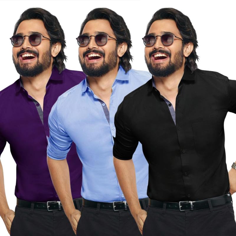Pinkmint Shirt for Men ll Cotton Blend Casual Shirt ll Long Sleeve Formal Mens Shirt ll Regular Fir Shirt (Pack of 3)
