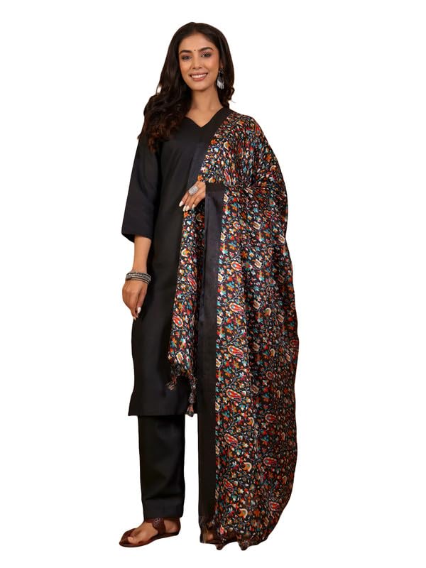 Varanga WomenS Black V-Neck Kurta Set With Ankle-Length Pants & Kalamkari Dupatta  Elegant Ethnic Wear For Festive & Casual Occ