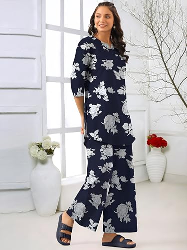 Pinkmint WomenS Pure Cotton Co Ord Set L Printed Stylish Top & Bottom Set L Wide-Leg Pant Loungewear L Day-To-Night Comfort Wea