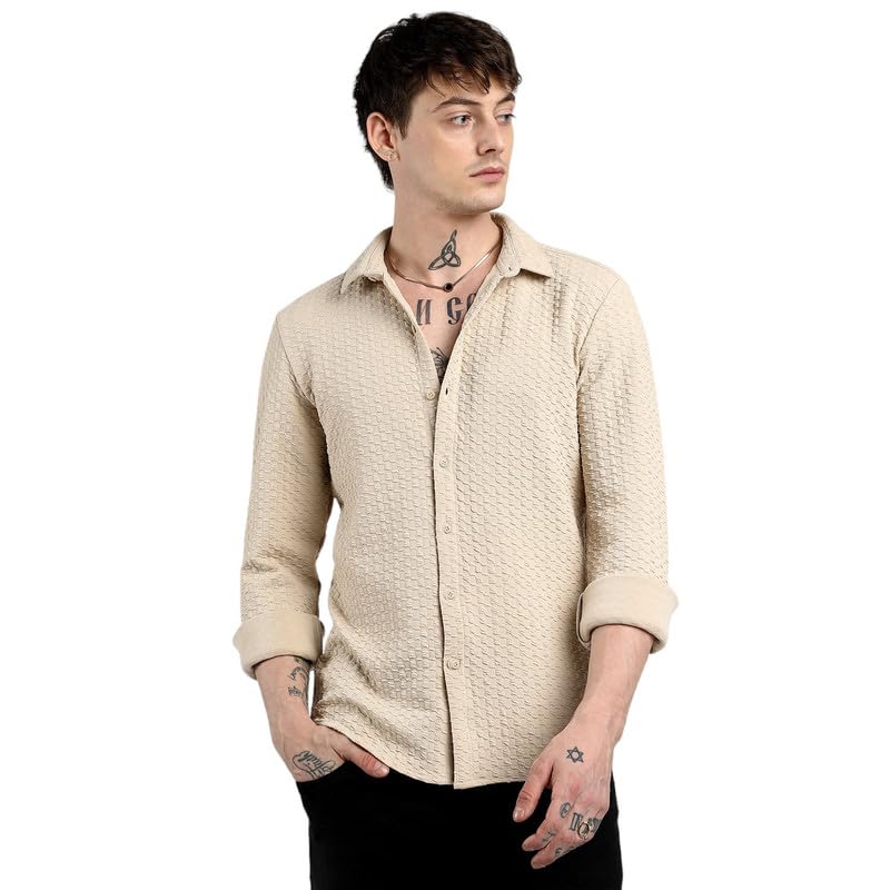 Campus Sutra Mens Beige Ripple Box Shirt for Casual Wear | Spread Collar | Long Sleeve | Button Closure | Shirt Crafted with Co