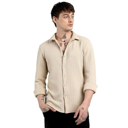 Campus Sutra Mens Beige Ripple Box Shirt for Casual Wear | Spread Collar | Long Sleeve | Button Closure | Shirt Crafted with Co