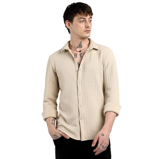 Campus Sutra Mens Beige Ripple Box Shirt for Casual Wear | Spread Collar | Long Sleeve | Button Closure | Shirt Crafted with Co