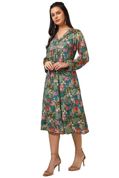 Soch Womens Teal Chinon Floral Print Dress With Sequence Work