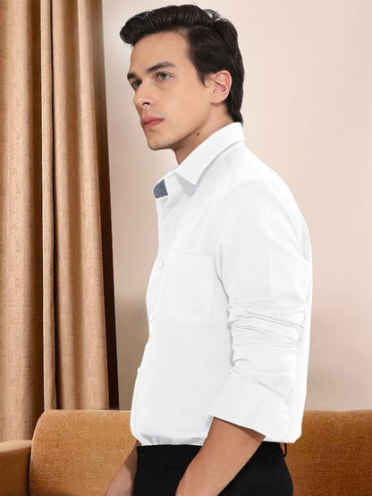 Pinkmint Cotton Mens Shirt l Soild Casual Shirt l Long Sleeve Office Wear Shirt l Spread Collar Regular Fit Shirt White