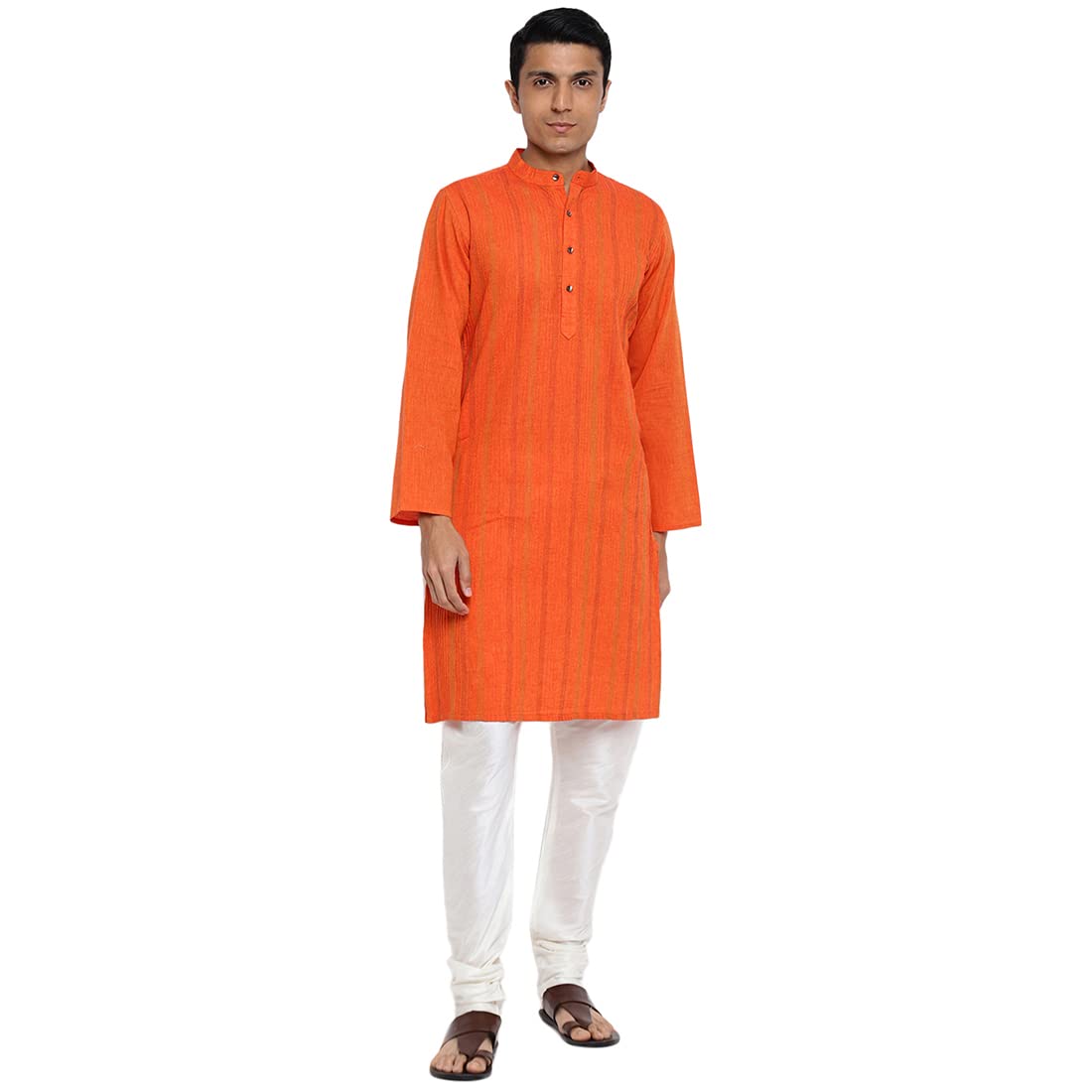 Fabindia Men Cotton Pintucks Long Kurta Orange_Xl