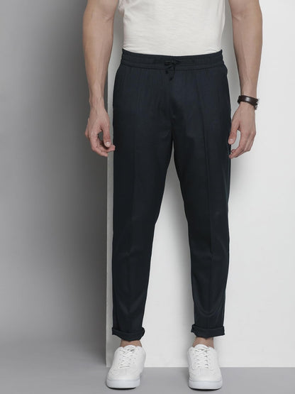 The Indian Garage Co Men Regular Fit Self Design Mid-Rise Stretchable Jogger Trousers Navy