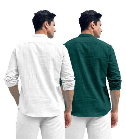 Macsivo Combo Of MenS Cotton Polyester Blend Solid Regular Fit Full Sleeve Short Kurta Pack Of 2 White-Green