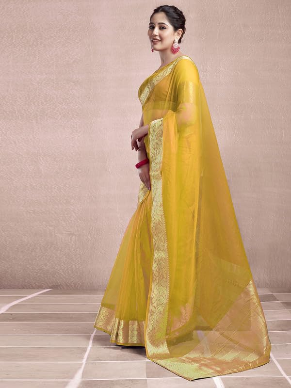 SAMAH Womens Woven Organza Saree (3644S425N_Yellow)