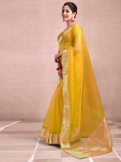 SAMAH Womens Woven Organza Saree (3644S425N_Yellow)