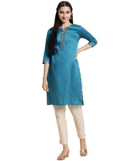 rangita Teal Polyester Knee Length Solid Straight Kurti for Women | Kurta for Women