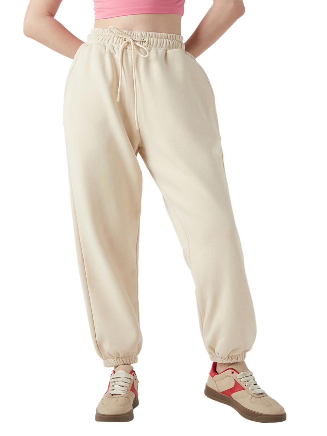 Bewakoof Womens Solid Super Loose Fit Poly Cotton Joggers_649933_Beige_XL