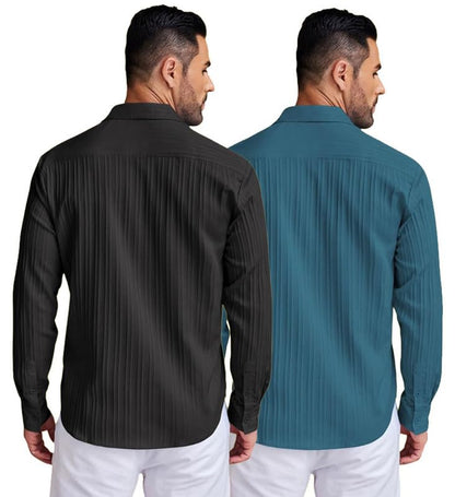 Deelmo Combo Of MenS Casual Button Down Shirts Long Sleeve Linen Shirt Fashion Textured Summer Shirts Pack Of 2