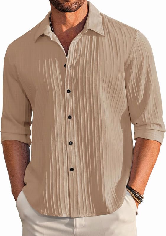 Deelmo MenS Casual Button Down Shirts Long Sleeve Linen Shirt Fashion Textured Beach Summer Shirt