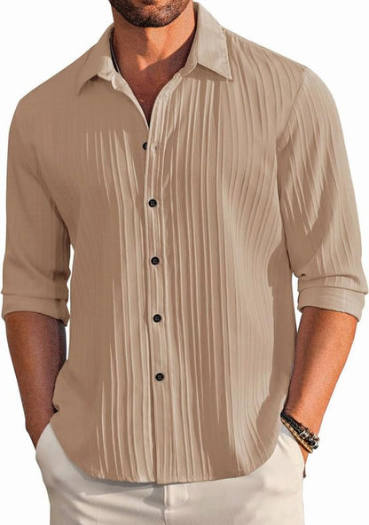 Deelmo MenS Casual Button Down Shirts Long Sleeve Linen Shirt Fashion Textured Beach Summer Shirt