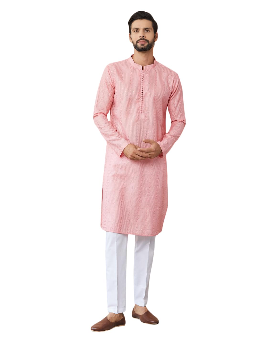 See Designs MenS Long Sleeve Mandarin Collar Side Slit Pink Embroidered Thread Work Sequinned Chanderi Silk Straight Kurta - Sd
