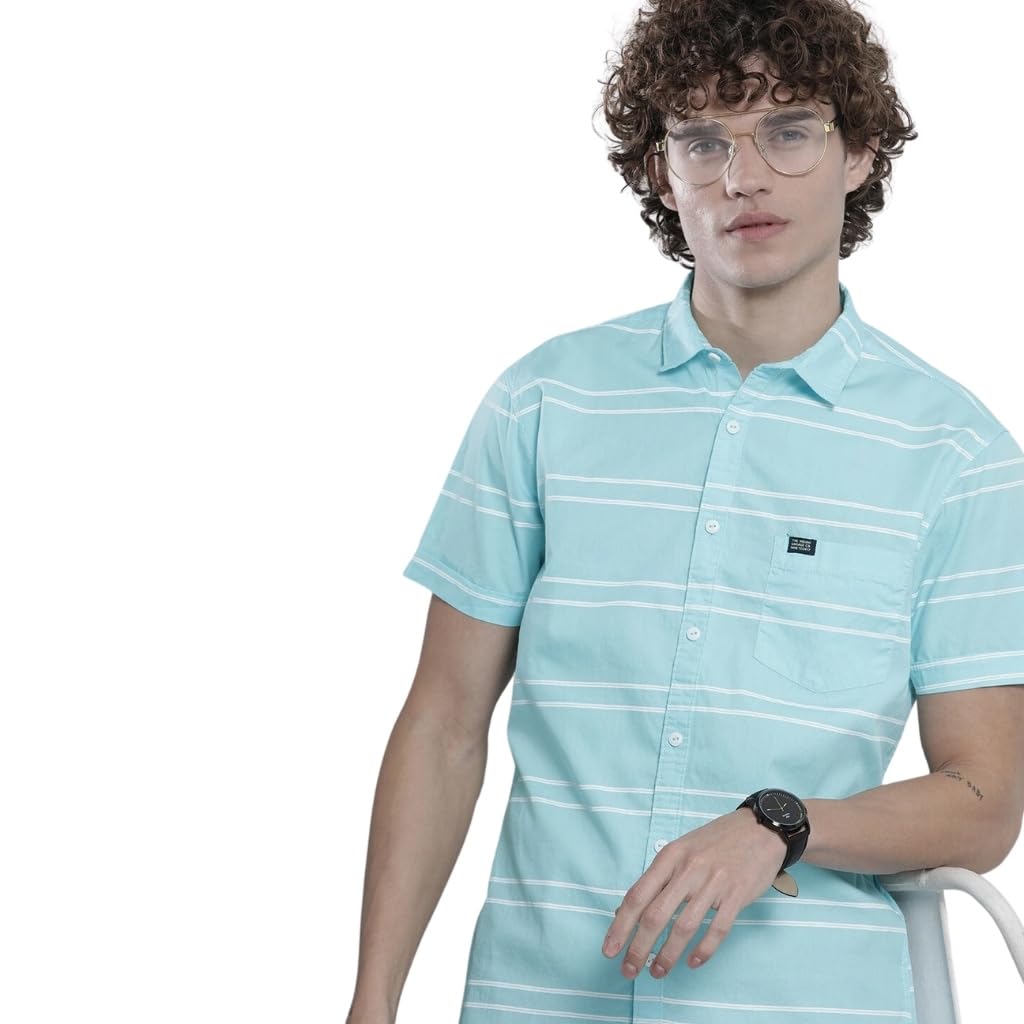 The Indian Garage Co Blue Regular Fit Spread Collar Striped Short Sleeves Shirt