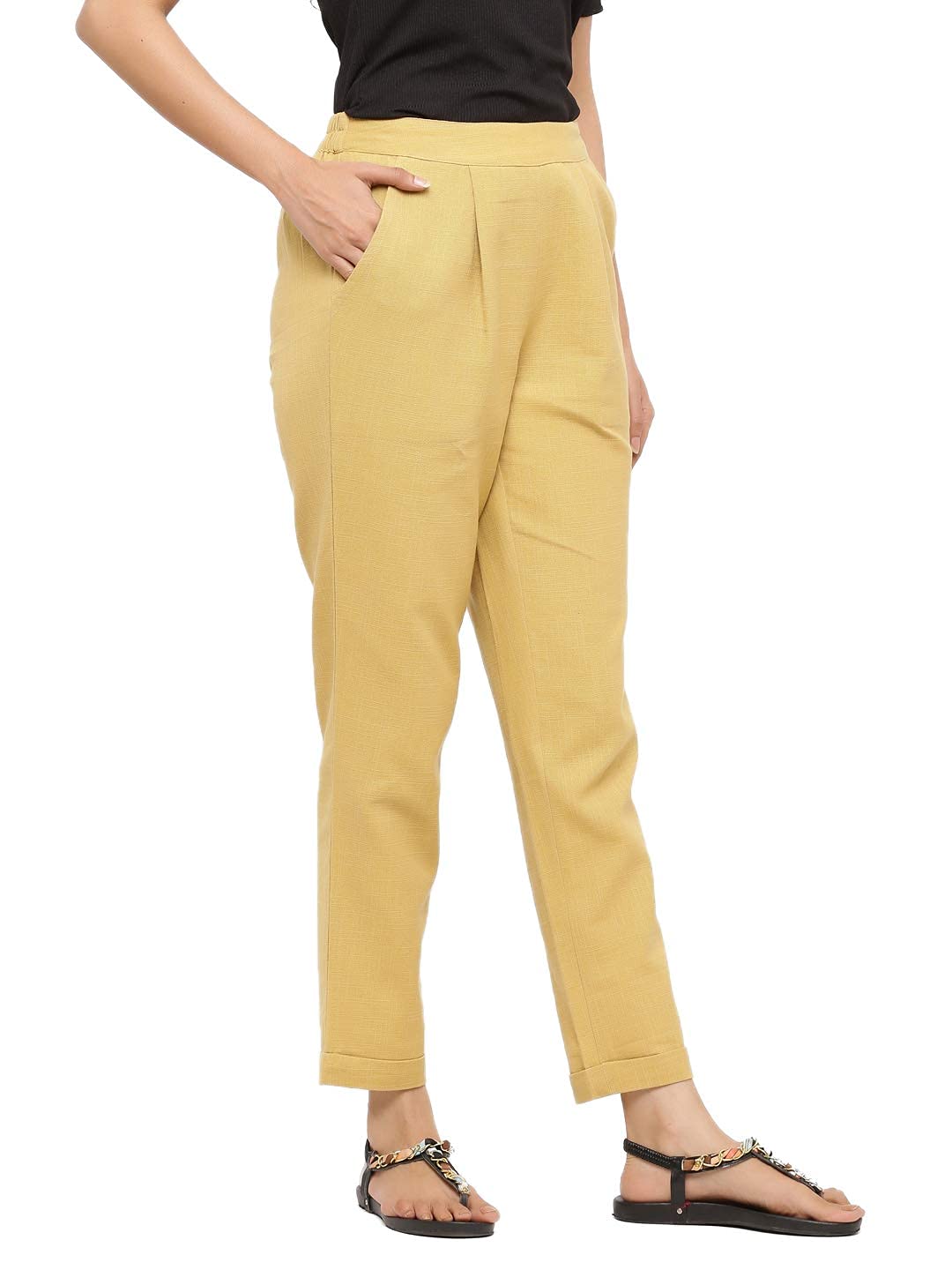 Digital Shopee Women Regular Fit Elastic Waist Full Length Cotton Formal Trouser For Casual Wear, Office Wear Beige