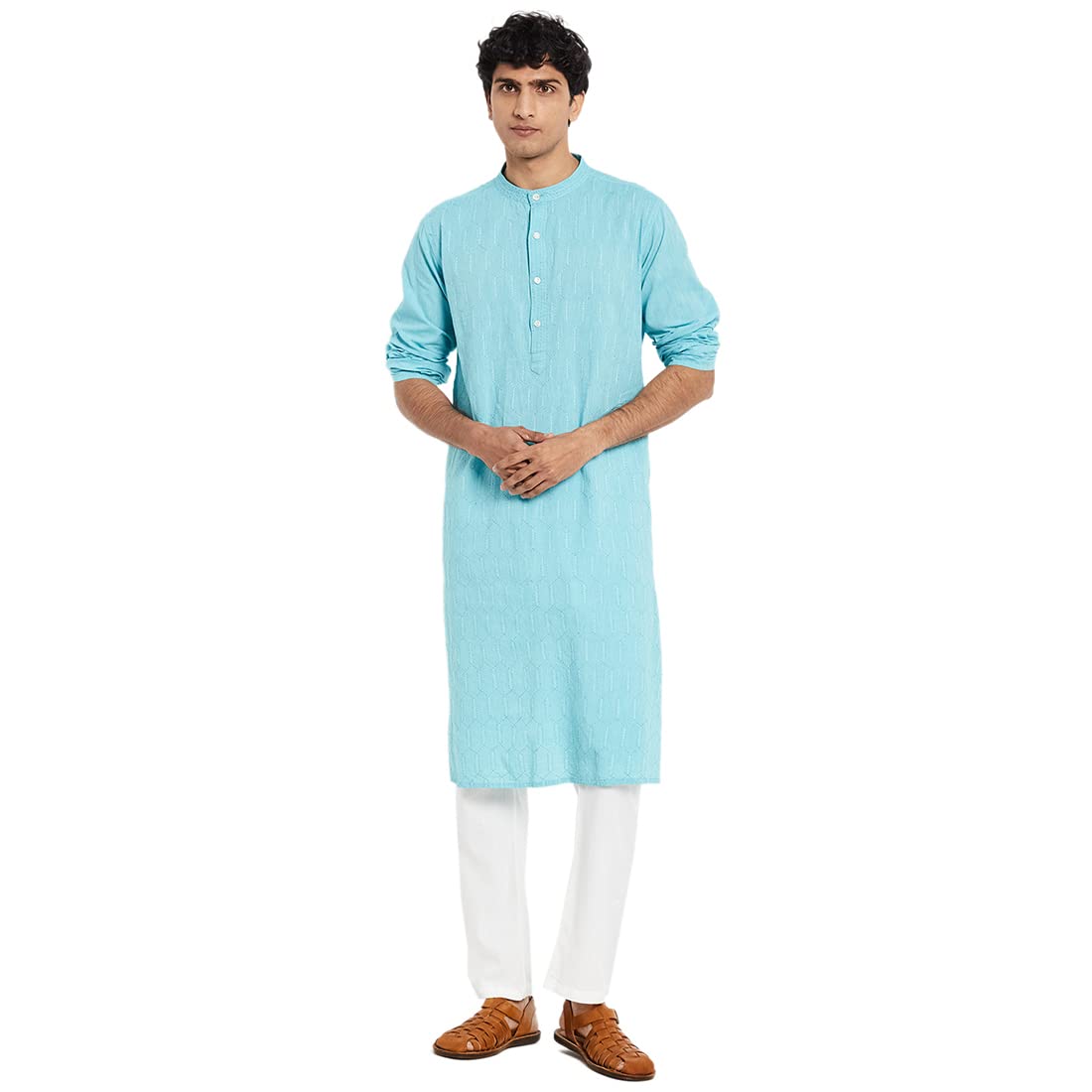 Fabindia Men Chikankari Jaal Long Kurta Cotton_S Blue