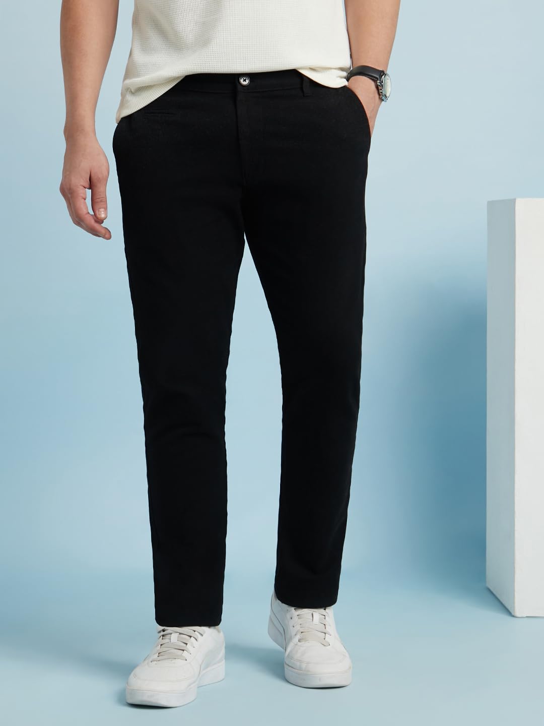 Dennis Lingo Men Cotton Straight Fit Solid Chinos Black