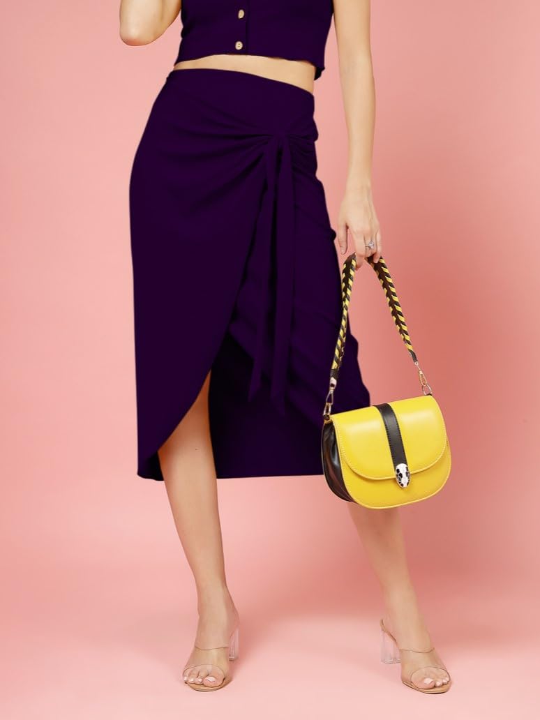 OOMPH! Stertchable Ribbed Wraparound Lycra Skirt for Women Purple - msk088