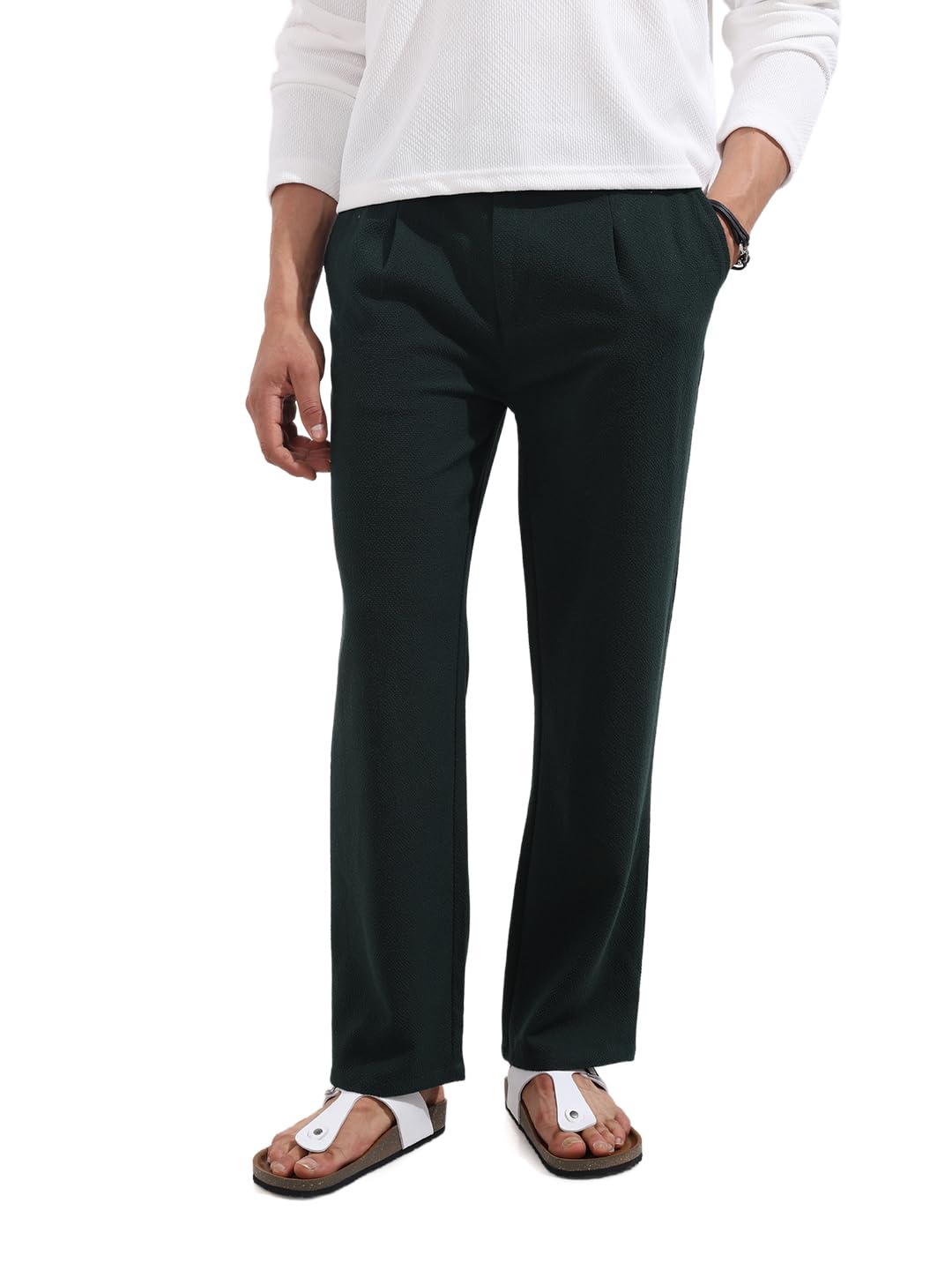 The Indian Garage Co Mens Relaxed Fit Mid-Rise Textured Trousers Sweater