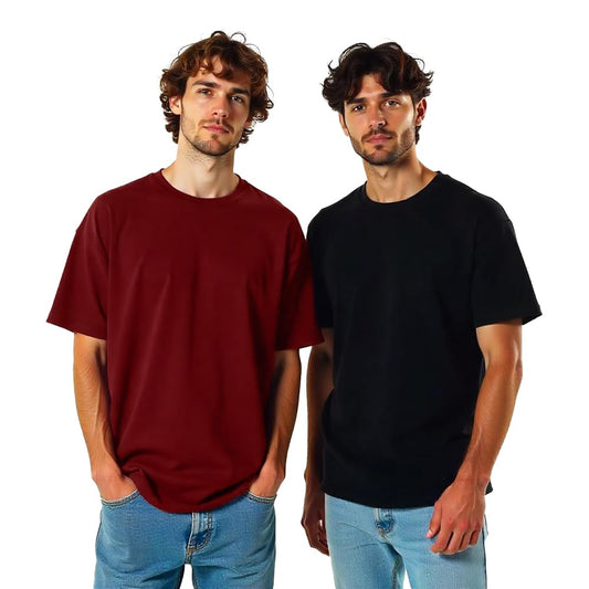 Nobero MenS Solid Oversized Fit T-Shirt (1M-Twrt-R0002_Black/Wine Red