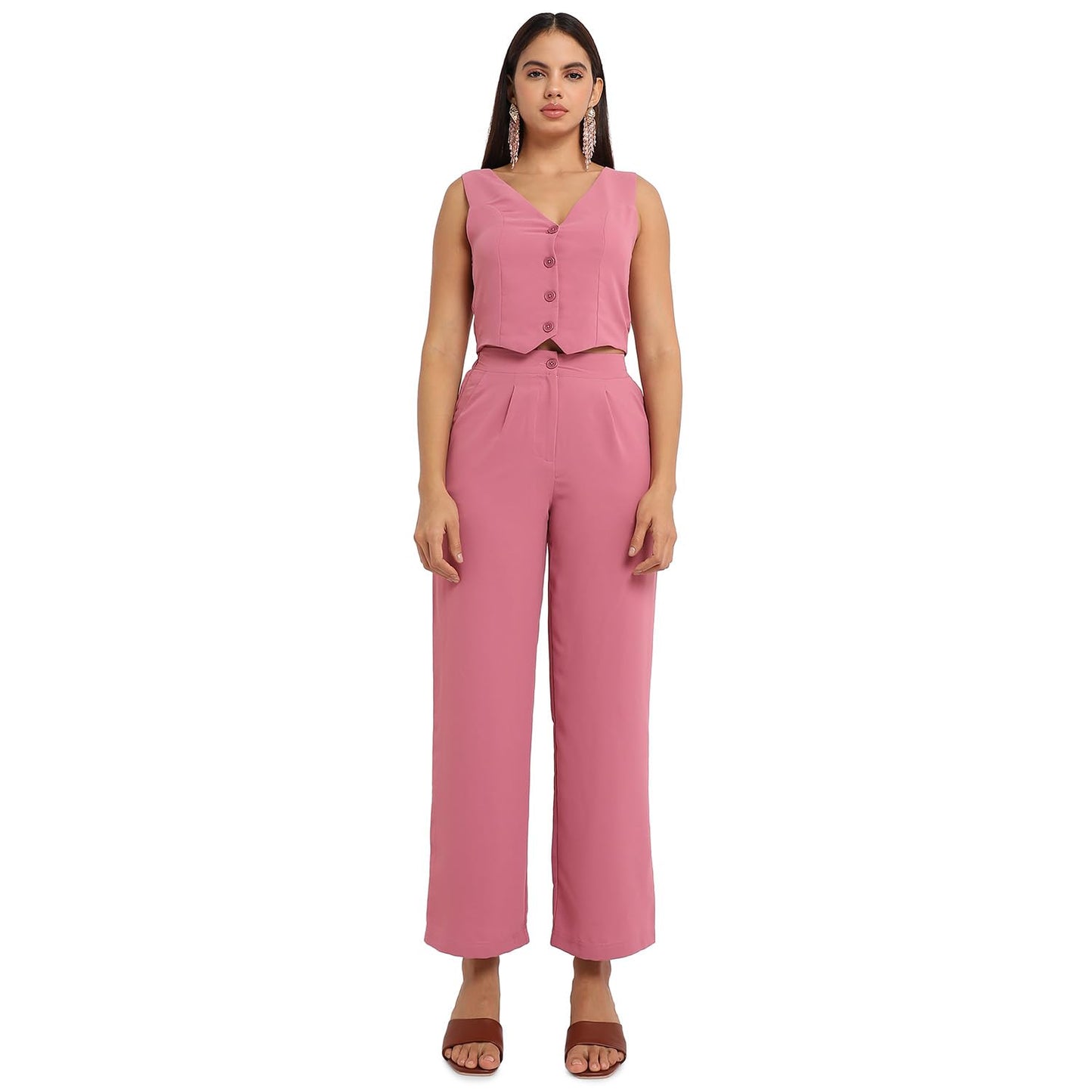 Campus Sutra Womens Salmon Pink Chic Vest Co-Ord Set for Casual Wear | Sleeveless | Polyester Fabric | V Neck Clothing Set Craf